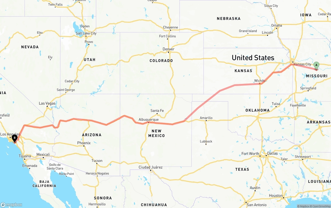 Shipping route from Missouri to John Wayne Airport — Orange County
