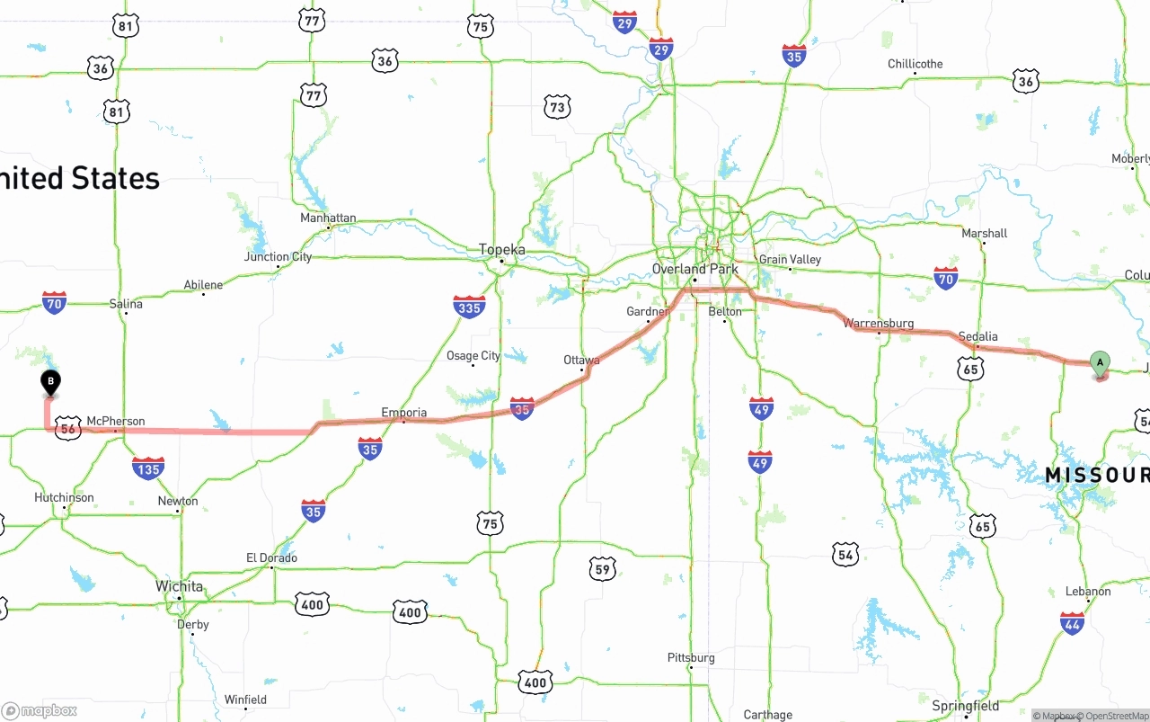 Shipping route from Missouri to Kansas