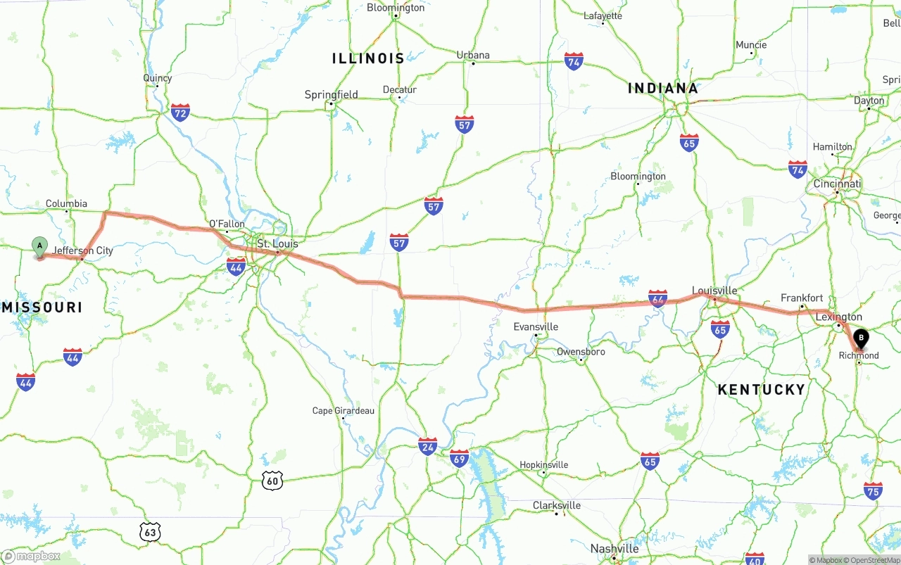 Shipping route from Missouri to Kentucky