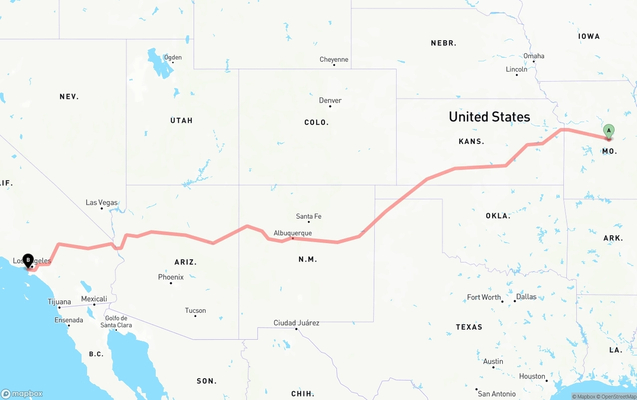 Shipping route from Missouri to Los Angeles International Airport