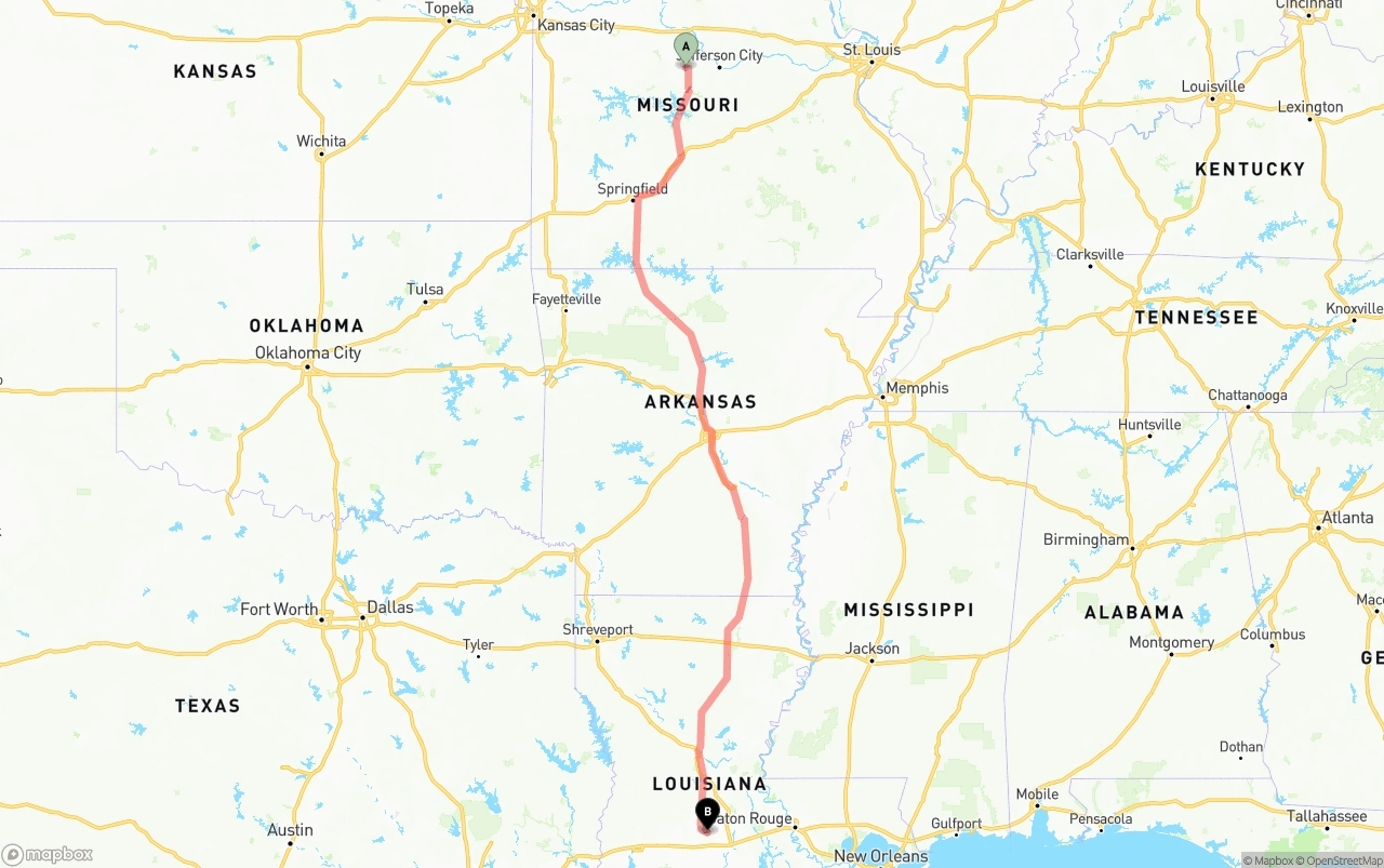 Shipping route from Missouri to Louisiana