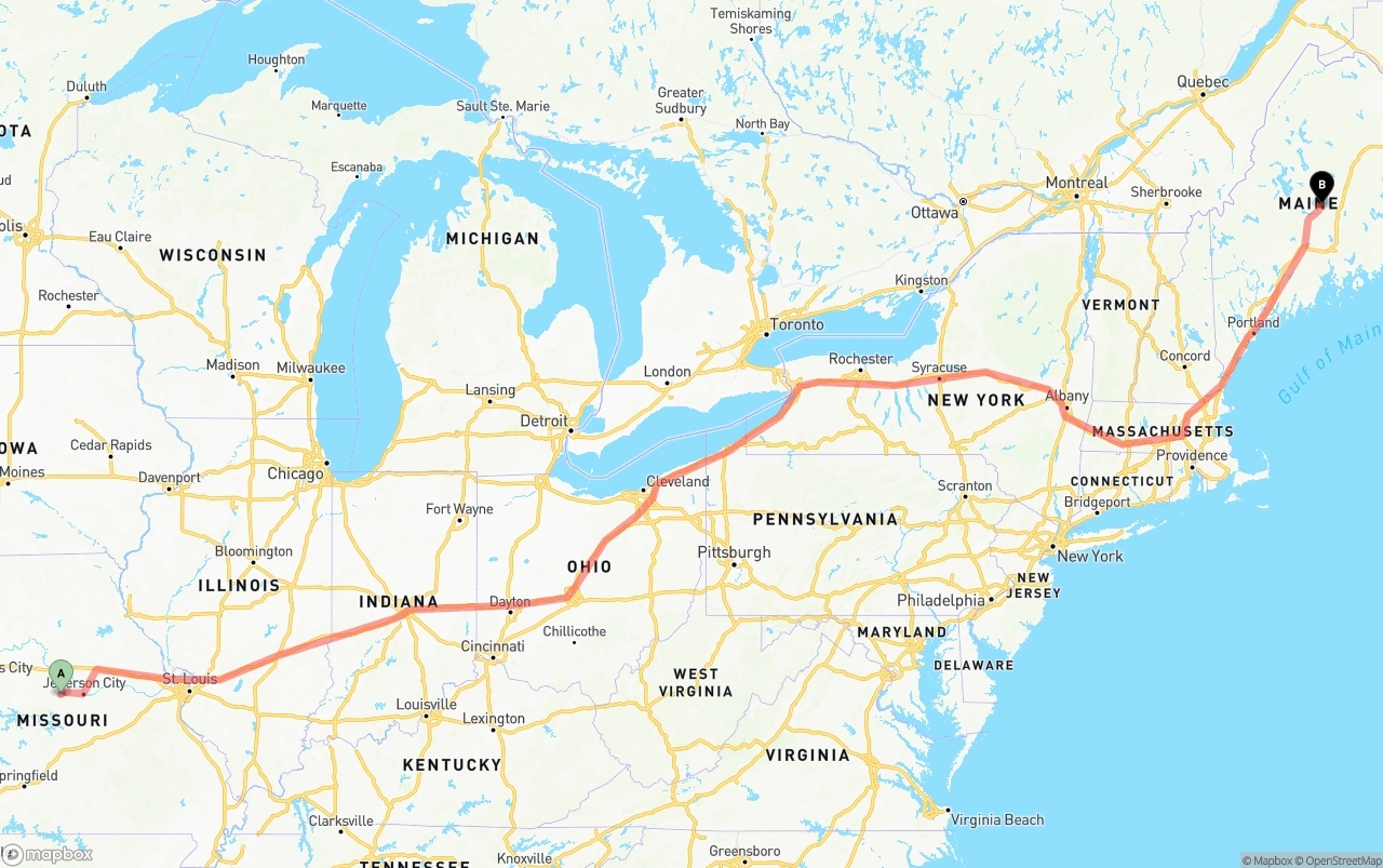 Shipping route from Missouri to Maine