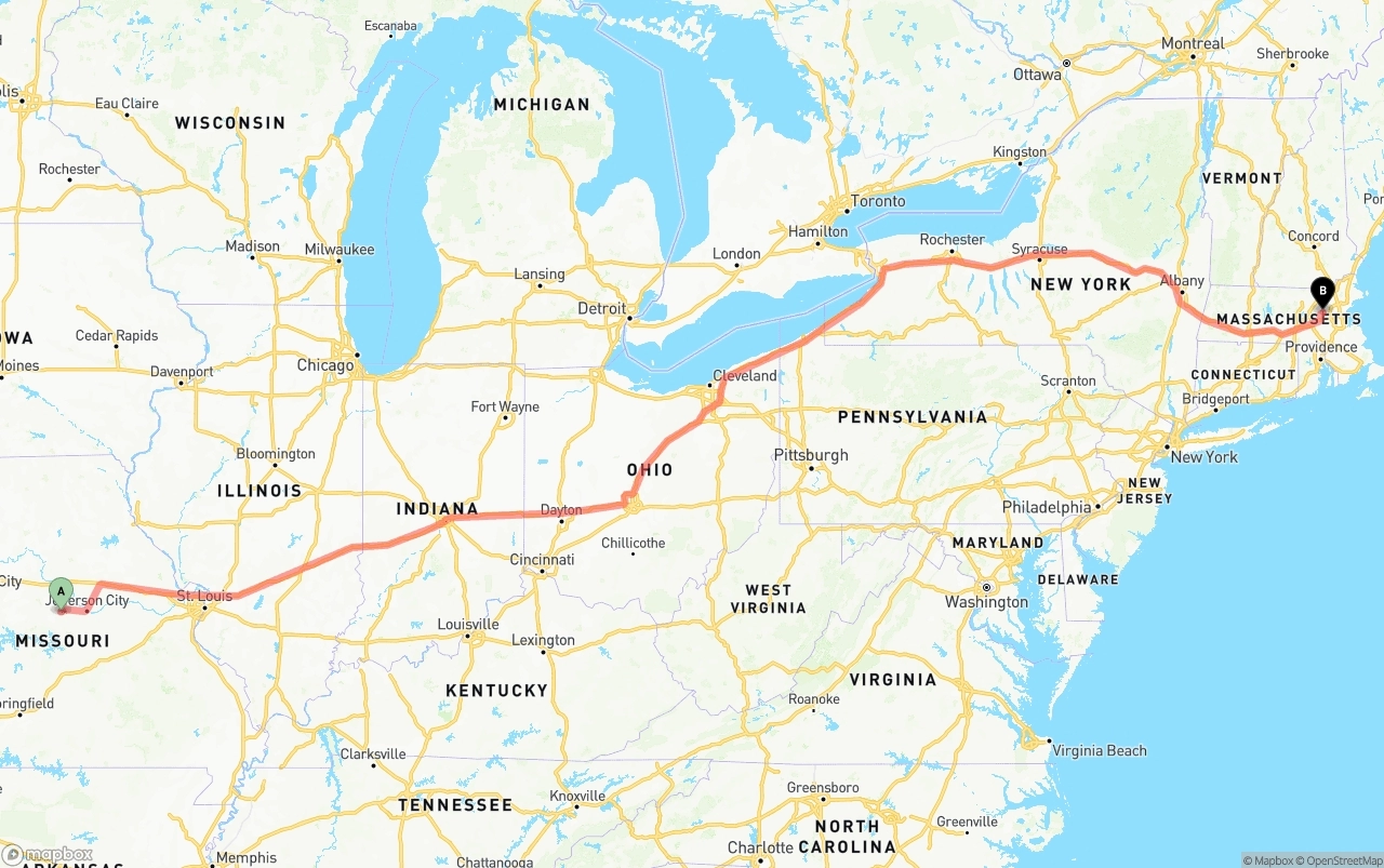 Shipping route from Missouri to Massachusetts