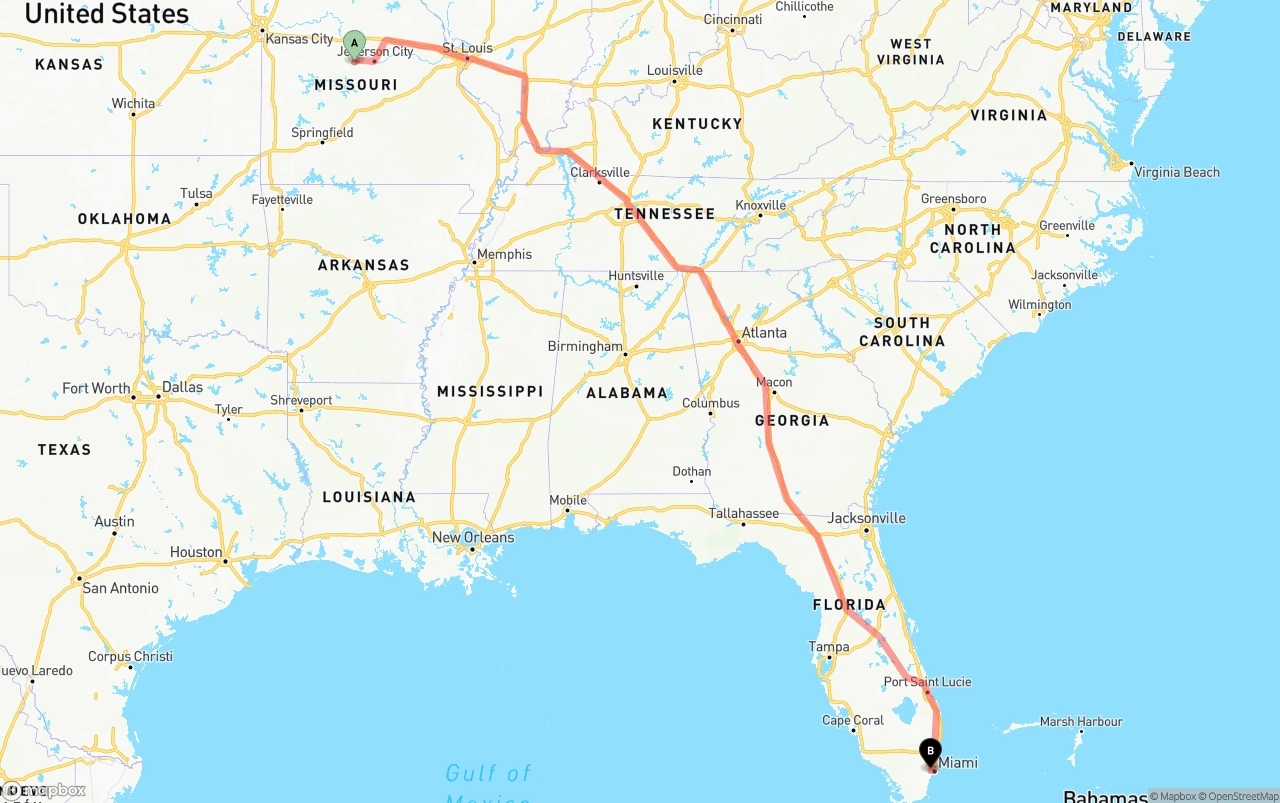 Shipping route from Missouri to Miami International Airport