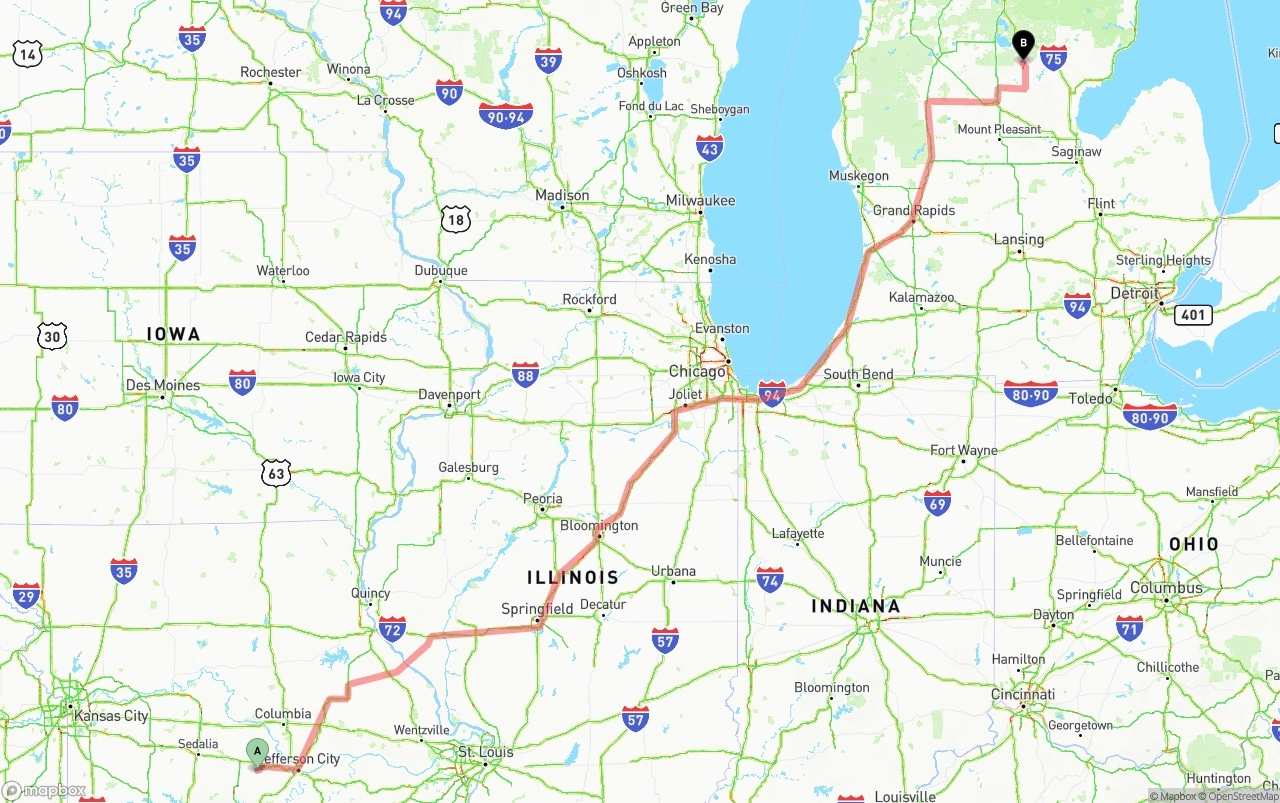 Shipping route from Missouri to Michigan