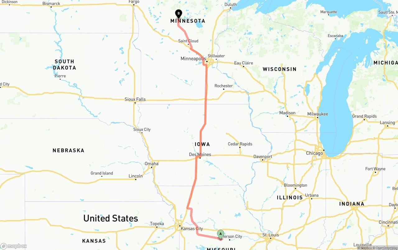 Shipping route from Missouri to Minnesota