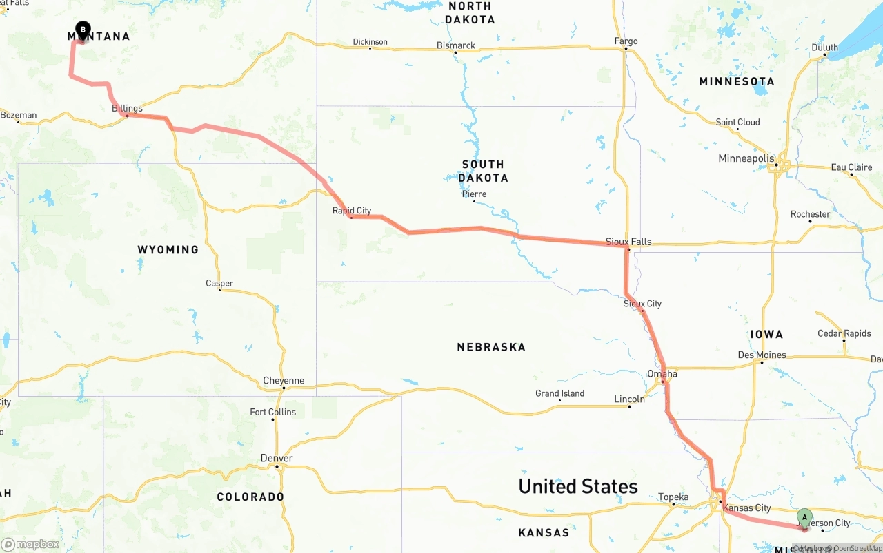 Shipping route from Missouri to Montana