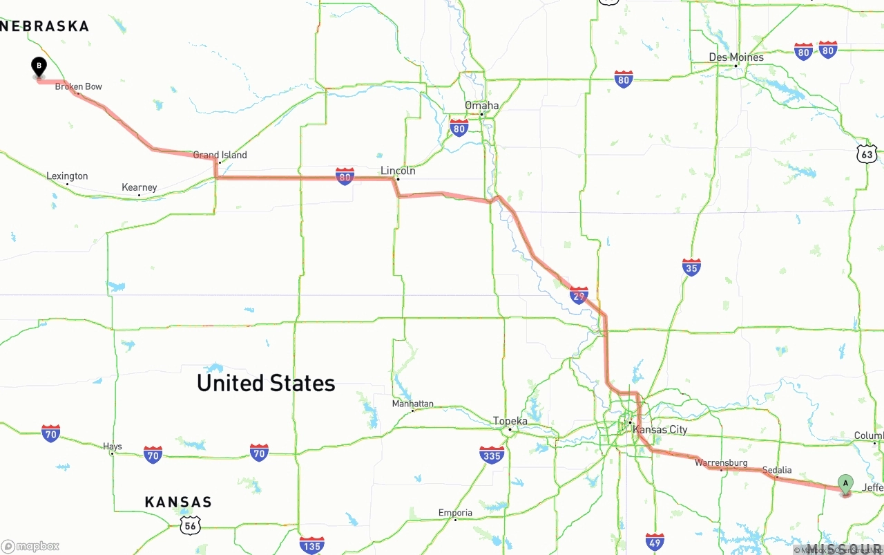 Shipping route from Missouri to Nebraska