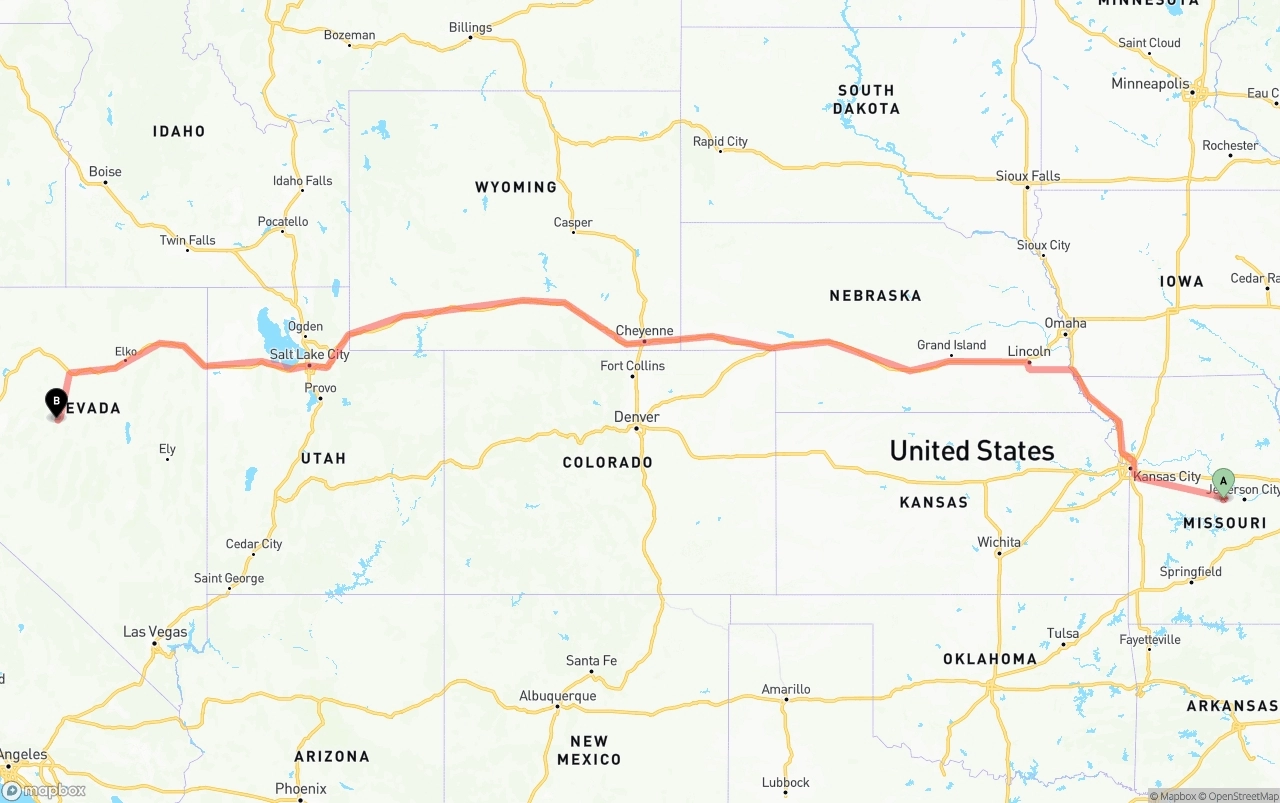 Shipping route from Missouri to Nevada
