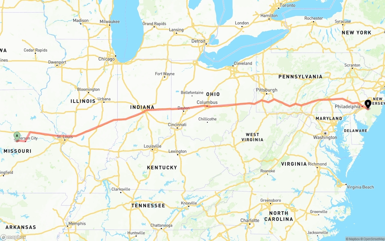 Shipping route from Missouri to New Jersey