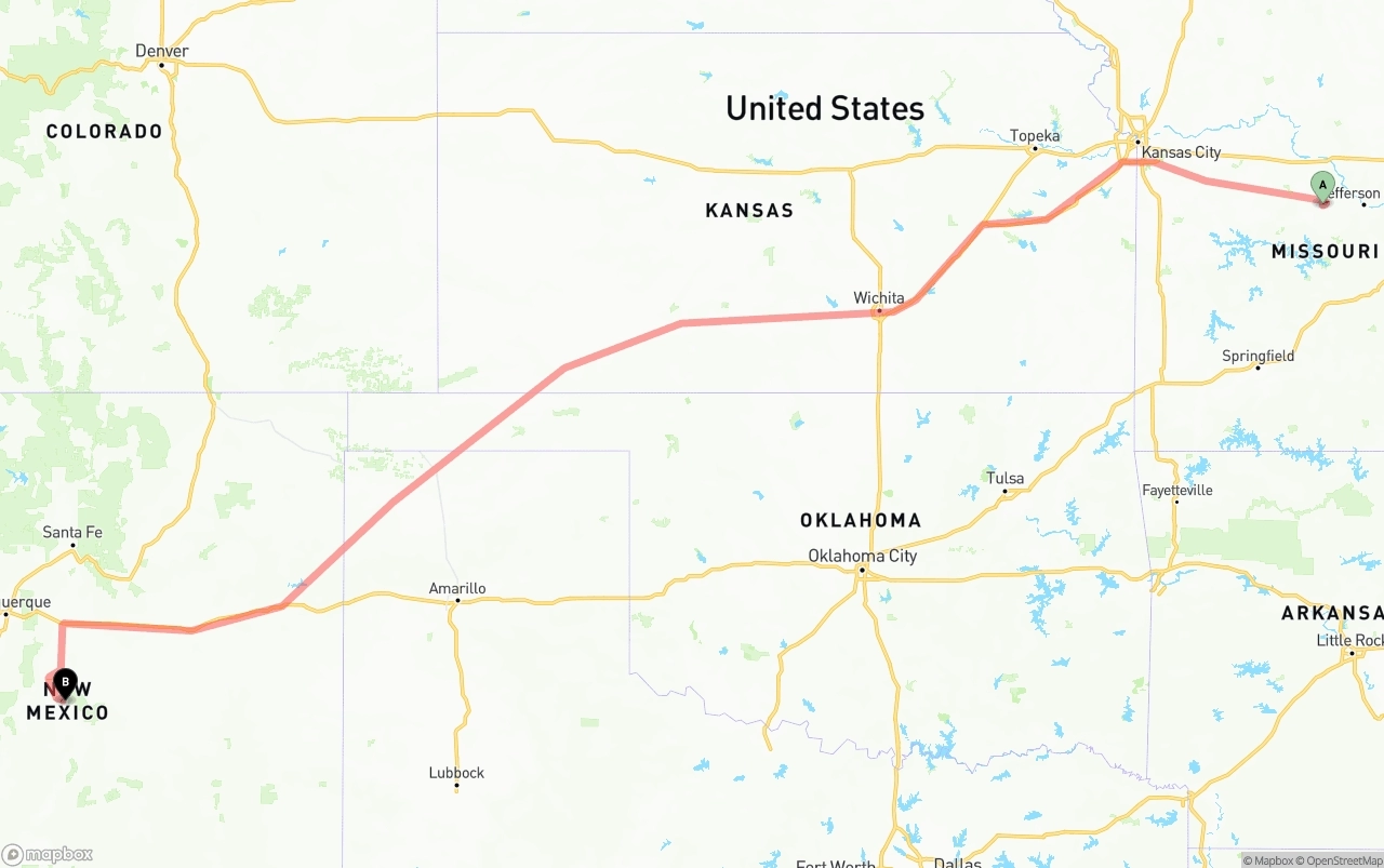Shipping route from Missouri to New Mexico