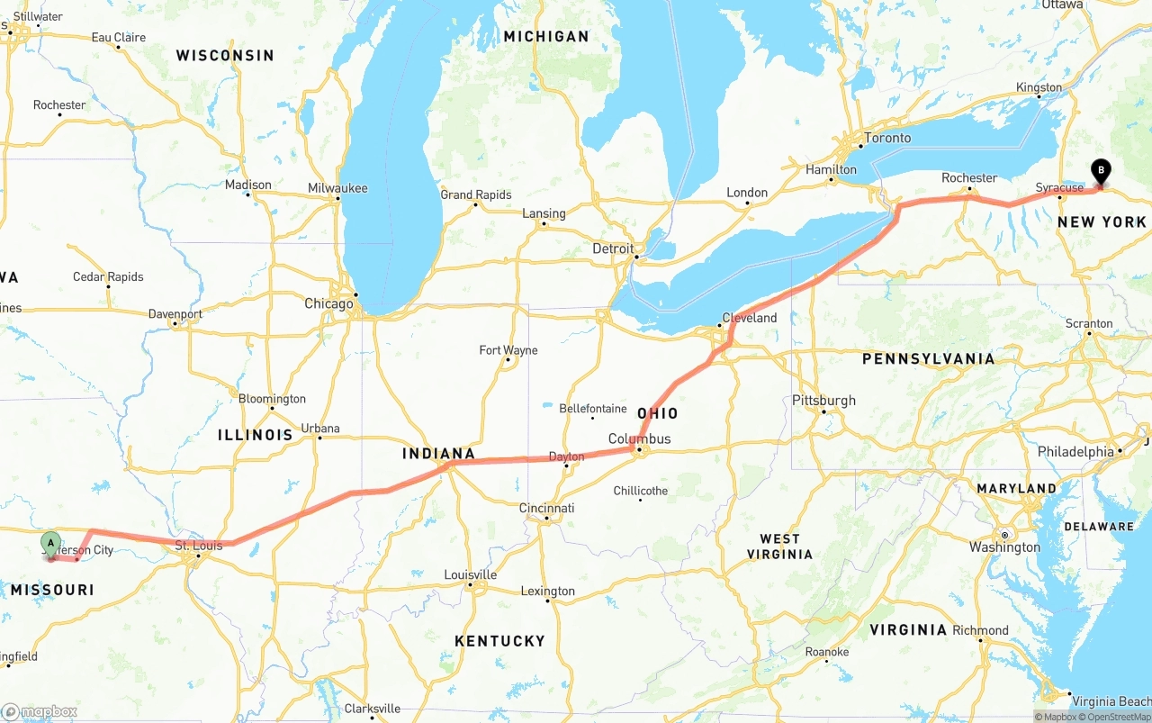 Shipping route from Missouri to New York