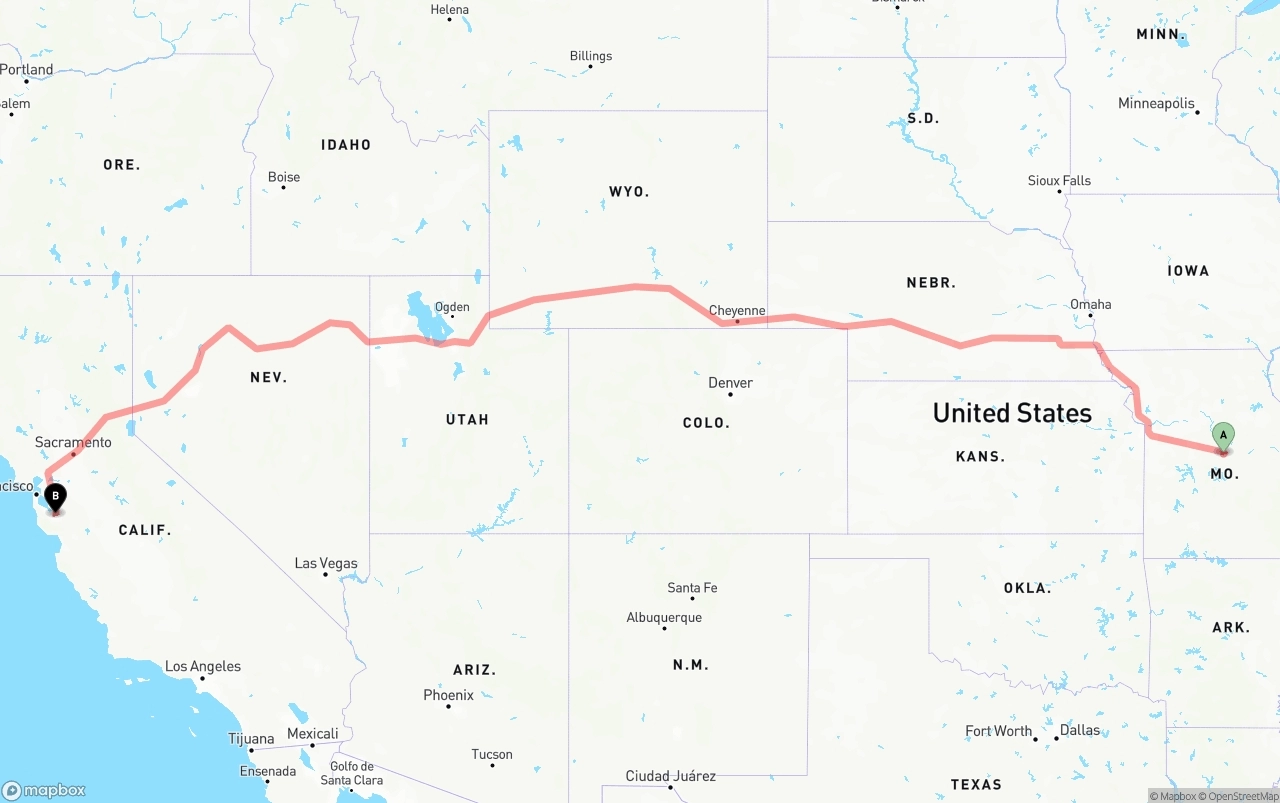 Shipping route from Missouri to Norman Y. Mineta San Jose International Airport