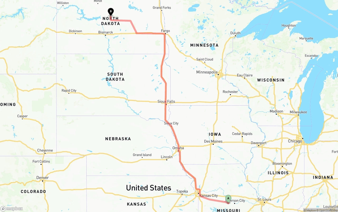 Shipping route from Missouri to North Dakota
