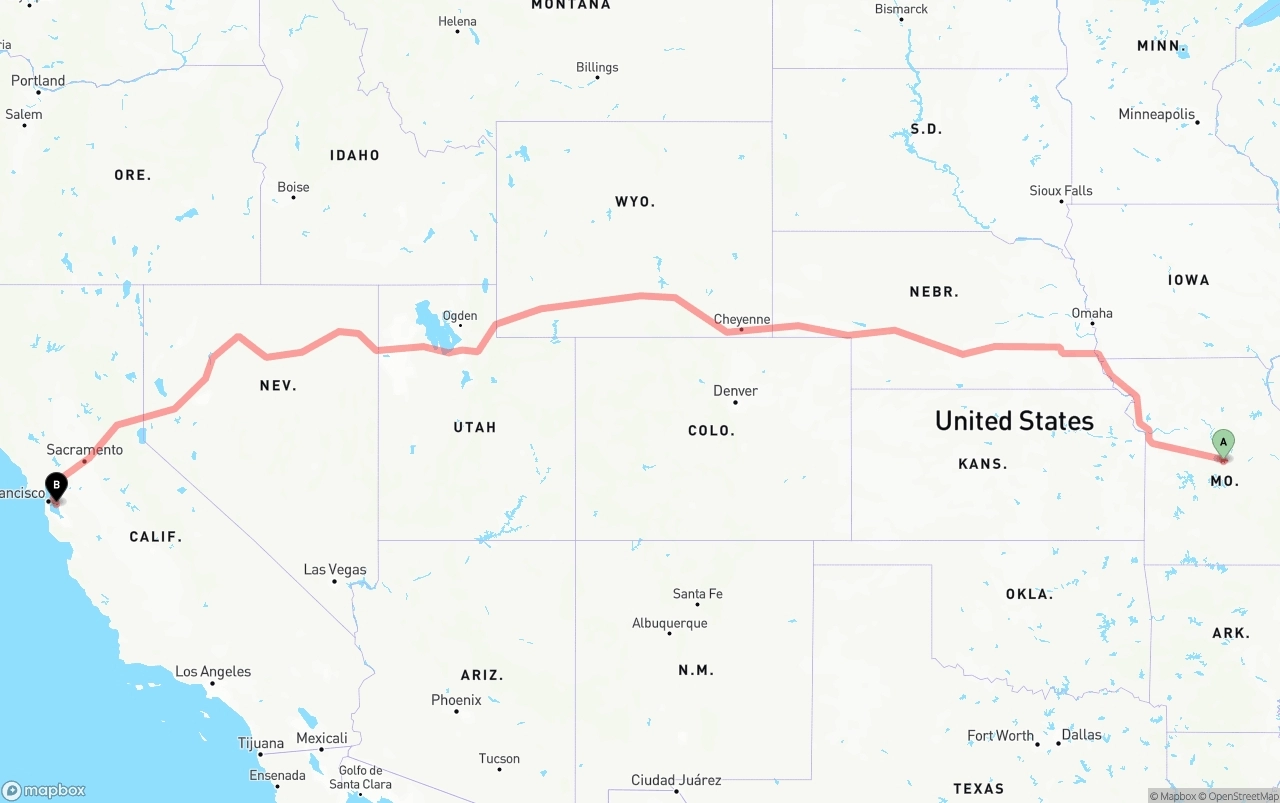 Shipping route from Missouri to Oakland International Airport