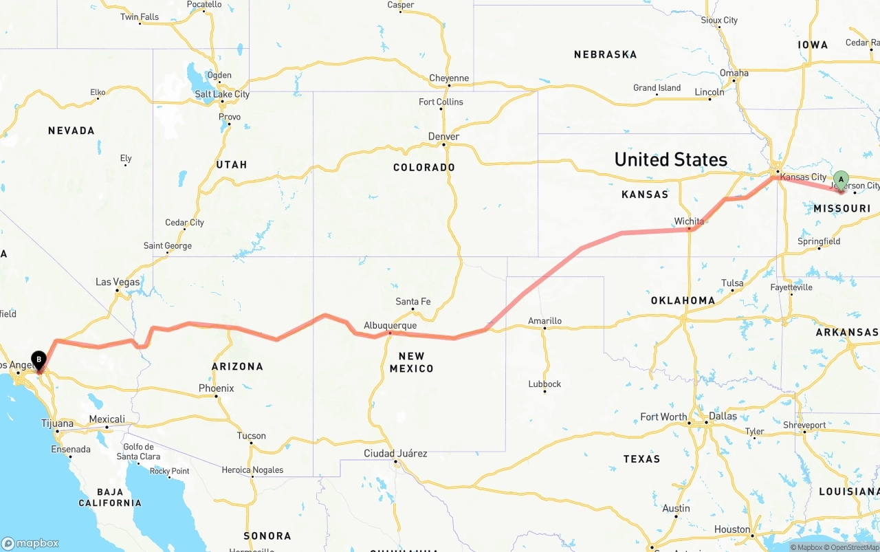 Shipping route from Missouri to Ontario International Airport