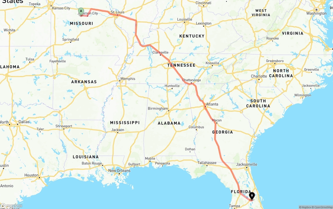 Shipping route from Missouri to Orlando International Airport