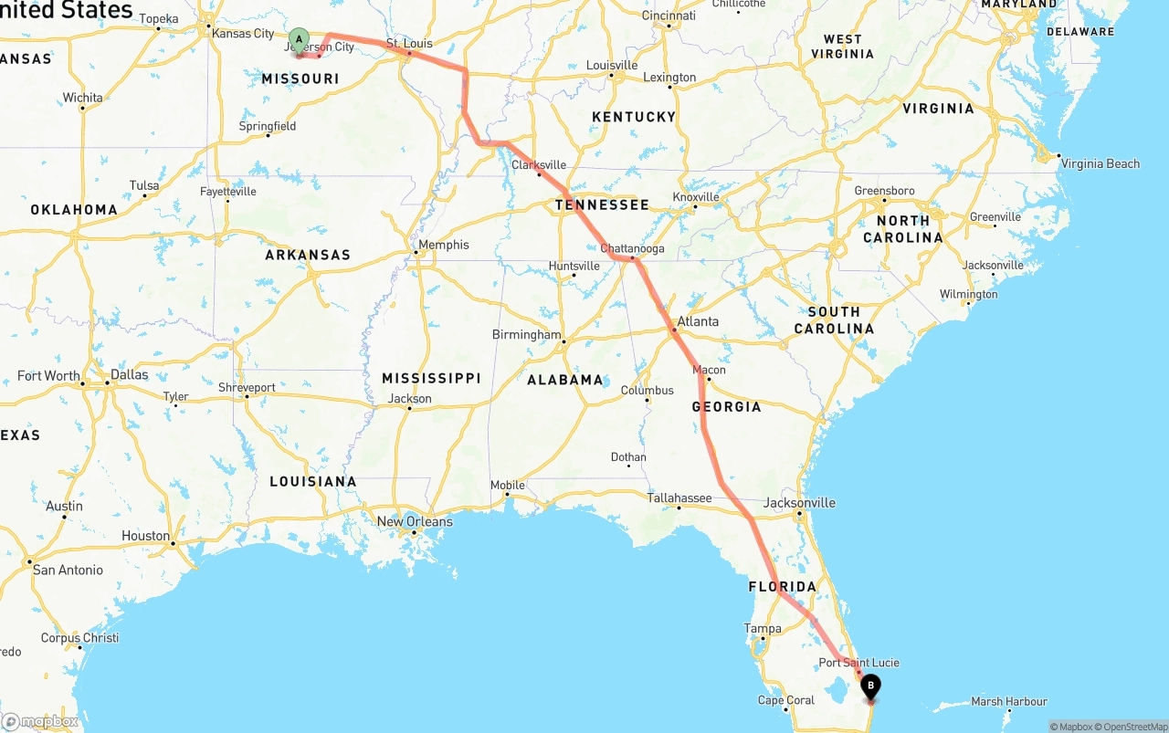 Shipping route from Missouri to Palm Beach International Airport