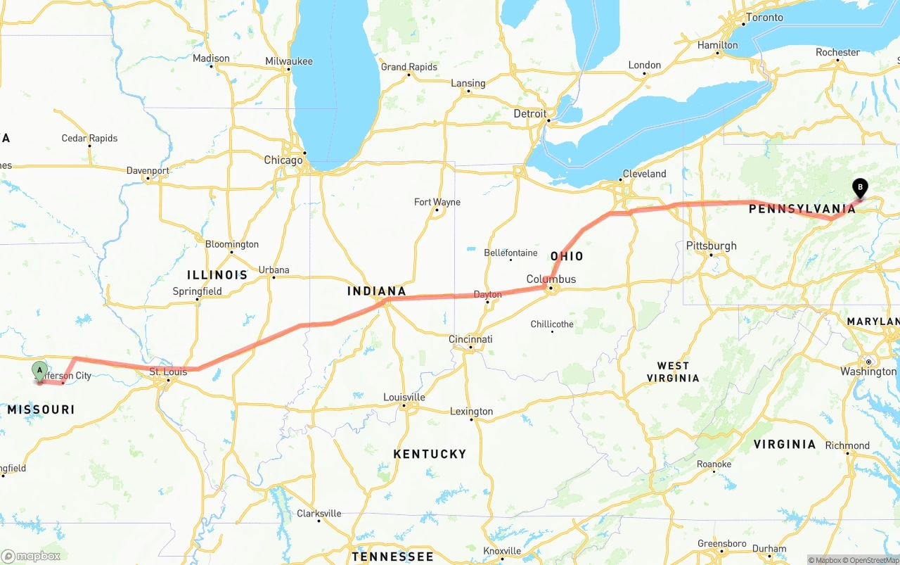 Shipping route from Missouri to Pennsylvania