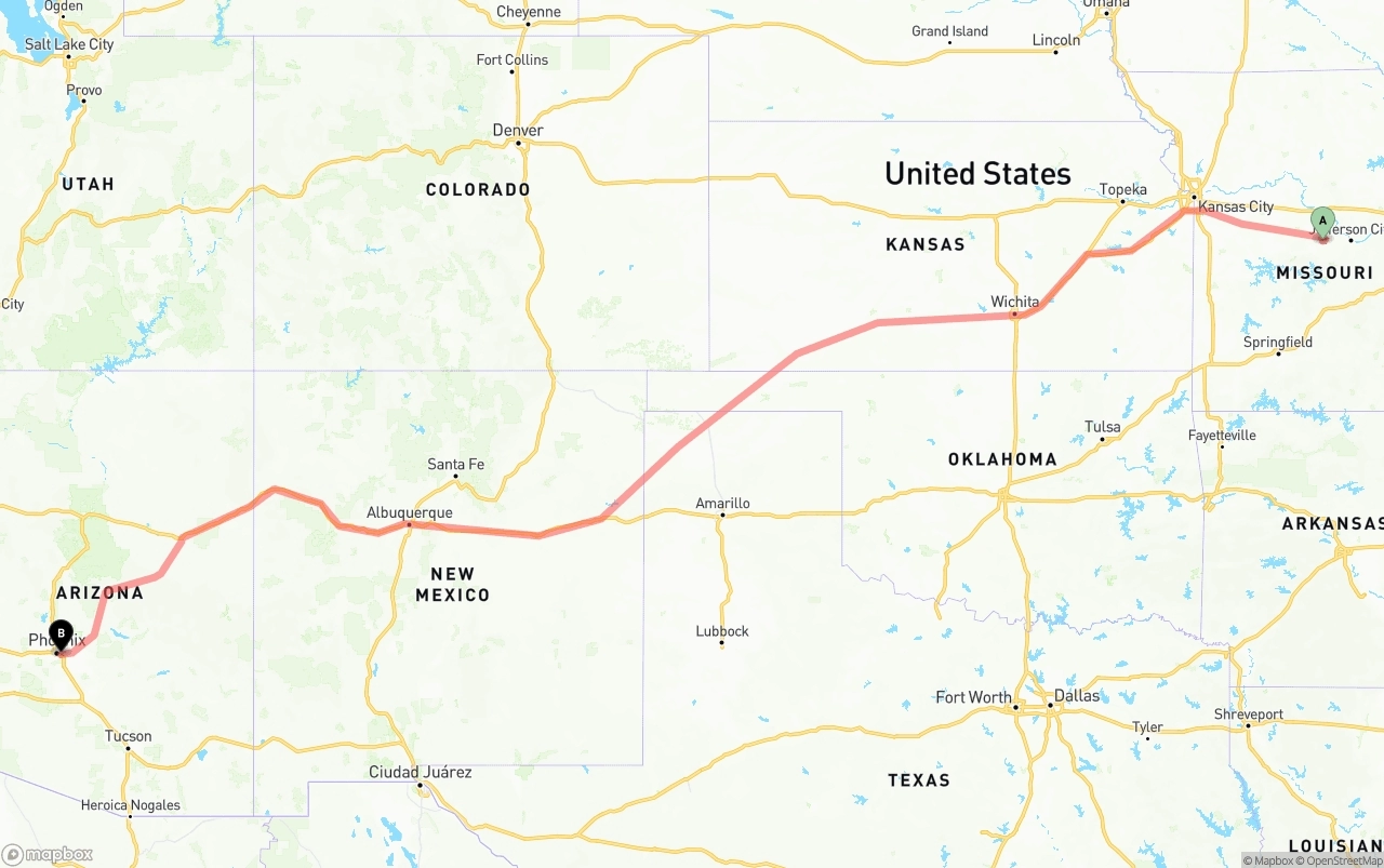 Shipping route from Missouri to Phoenix Sky Harbor International Airport