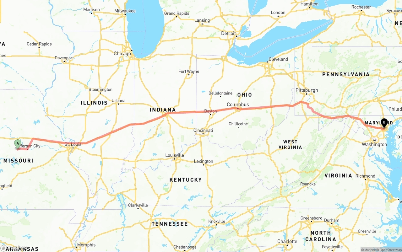 Shipping route from Missouri to Port of Baltimore
