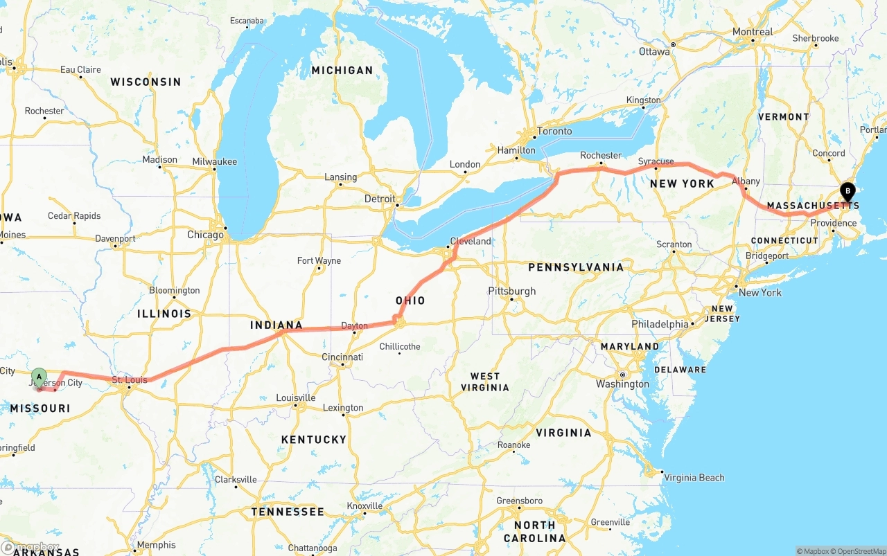 Shipping route from Missouri to Port of Boston