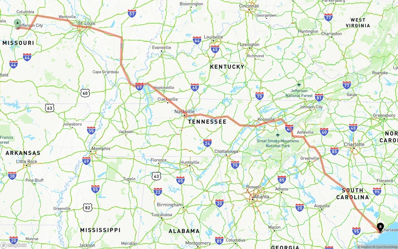 Shipping route from Missouri to Port of Charleston
