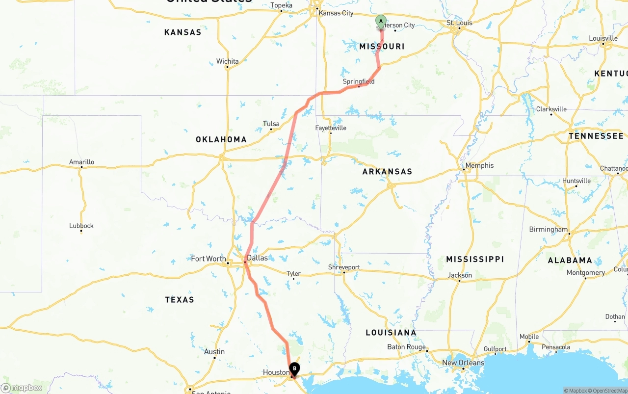 Shipping route from Missouri to Port of Houston