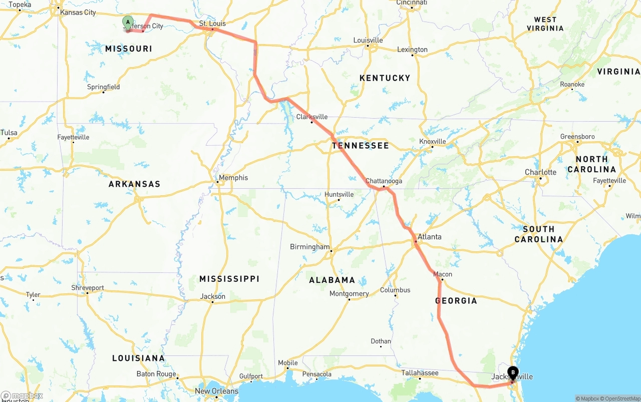Shipping route from Missouri to Port of Jacksonville
