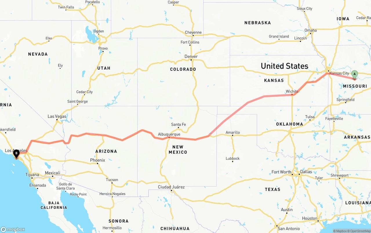 Shipping route from Missouri to Port of Long Beach