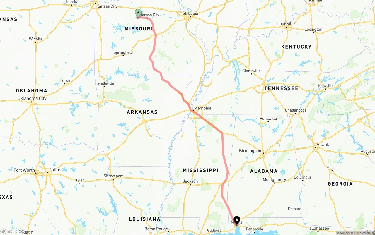 Shipping route from Missouri to Port of Mobile