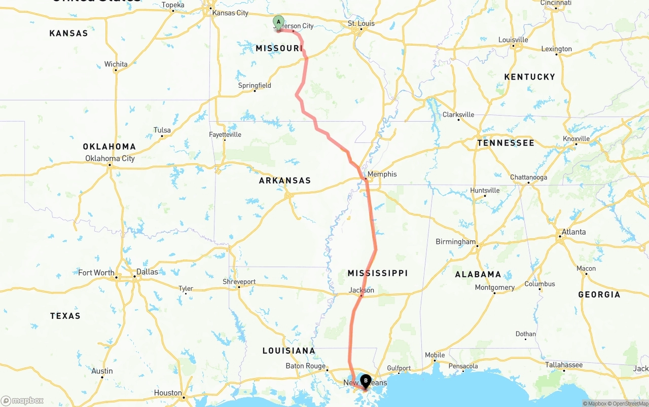 Shipping route from Missouri to Port of New Orleans