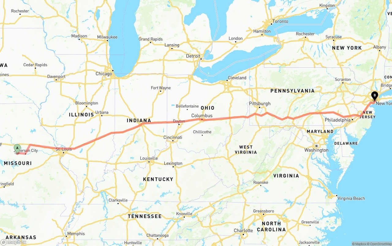 Shipping route from Missouri to Port of New York