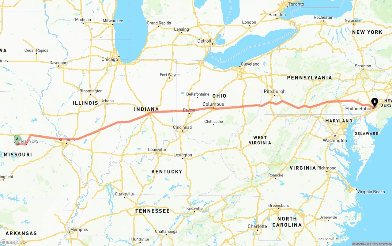 Shipping route from Missouri to Port of Philadelphia