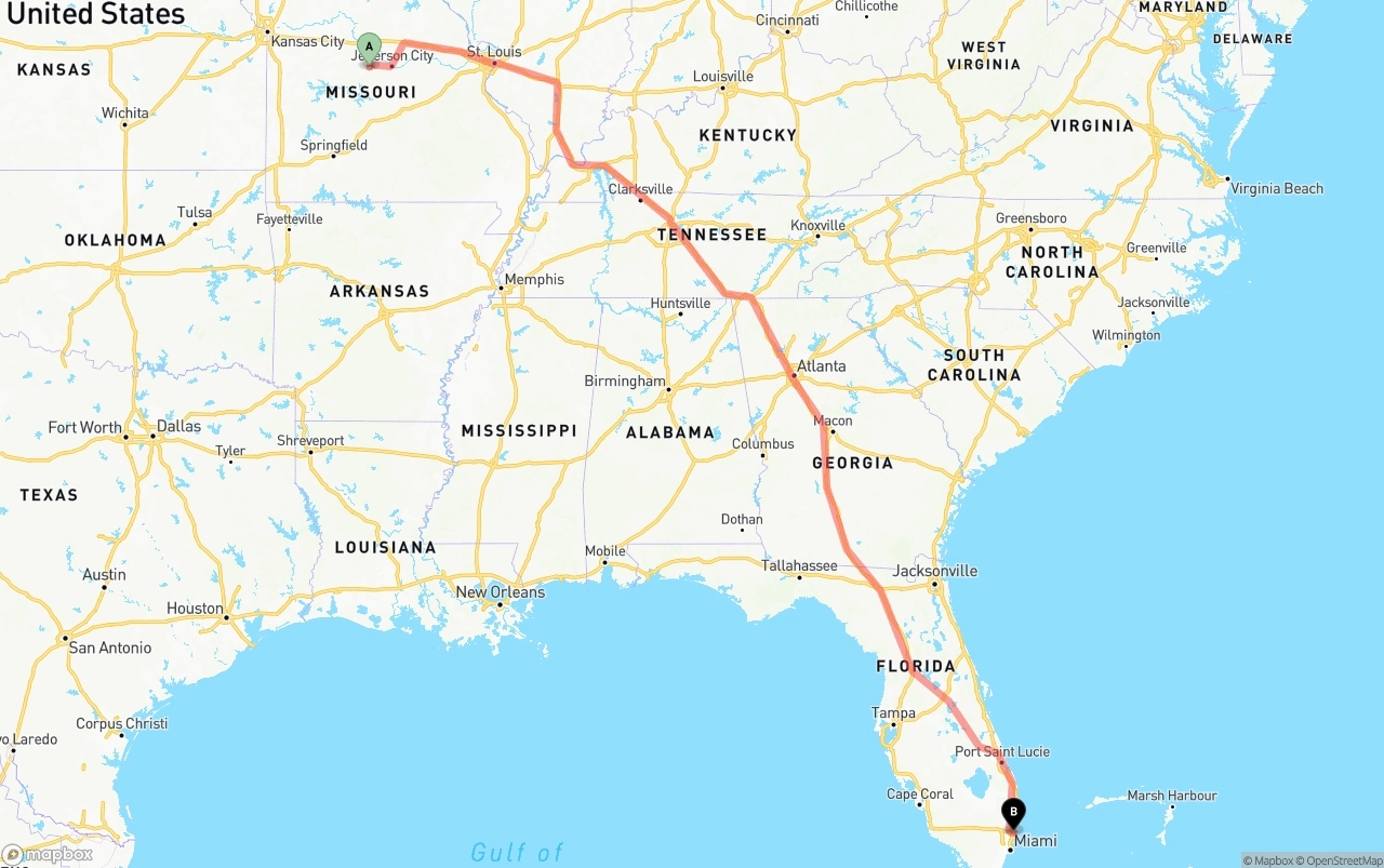 Shipping route from Missouri to Port of Port Everglades