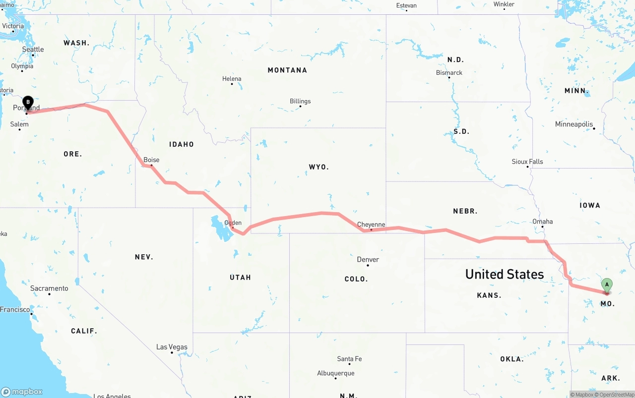 Shipping route from Missouri to Port of Portland