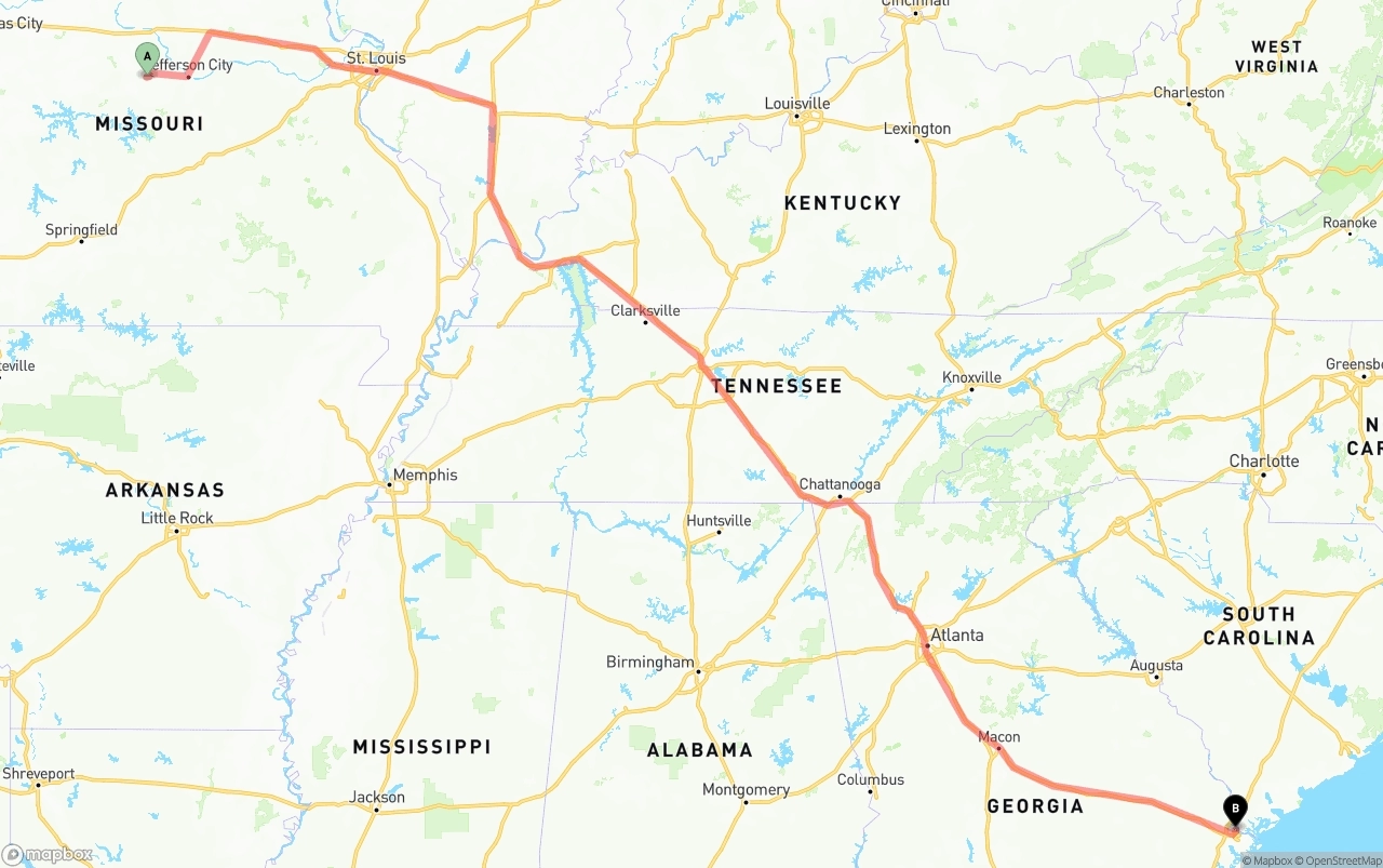 Shipping route from Missouri to Port of Savannah