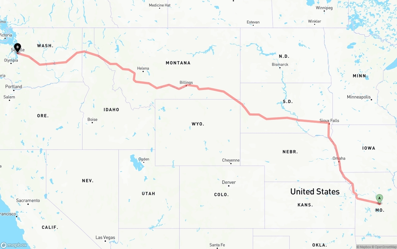 Shipping route from Missouri to Port of Seattle
