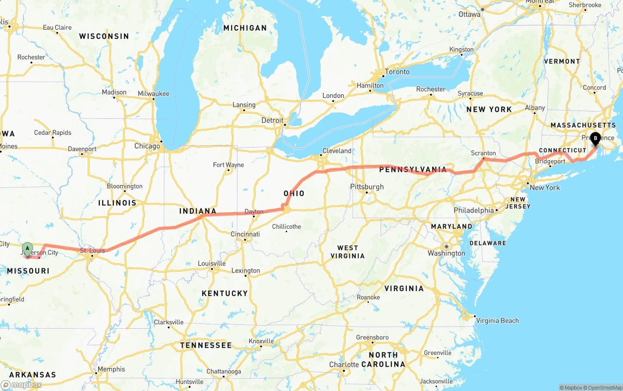 Shipping route from Missouri to Rhode Island