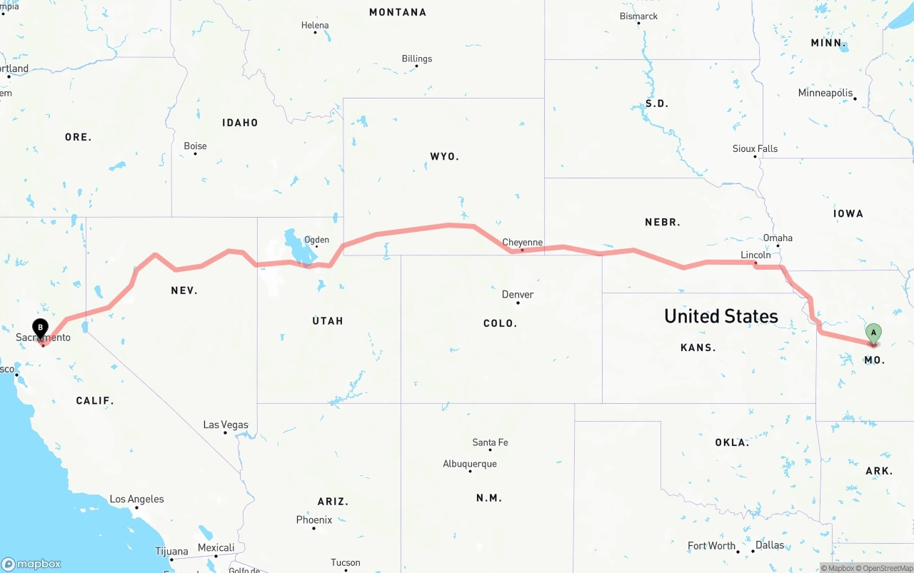 Shipping route from Missouri to Sacramento International Airport
