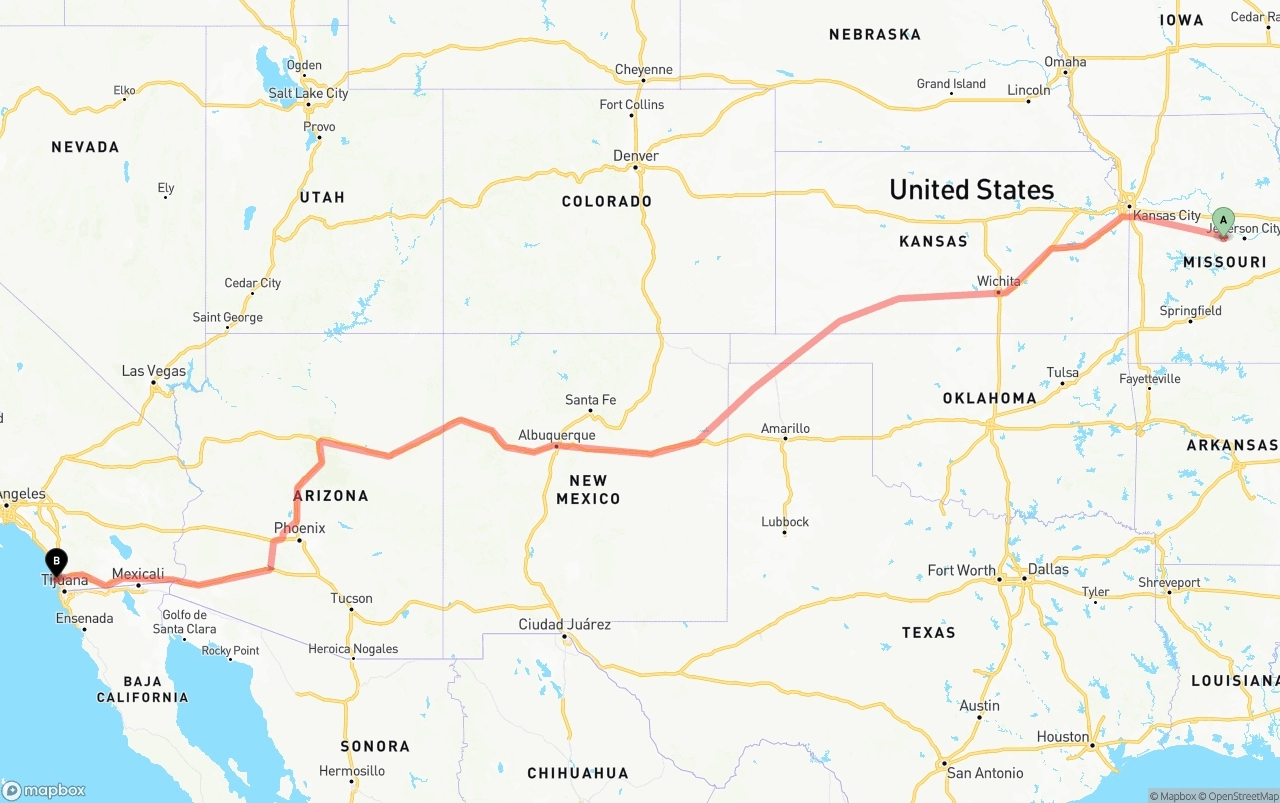 Shipping route from Missouri to San Diego International Airport