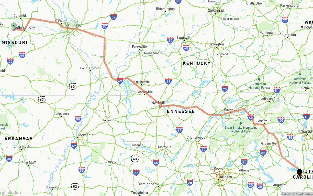 Shipping route from Missouri to South Carolina