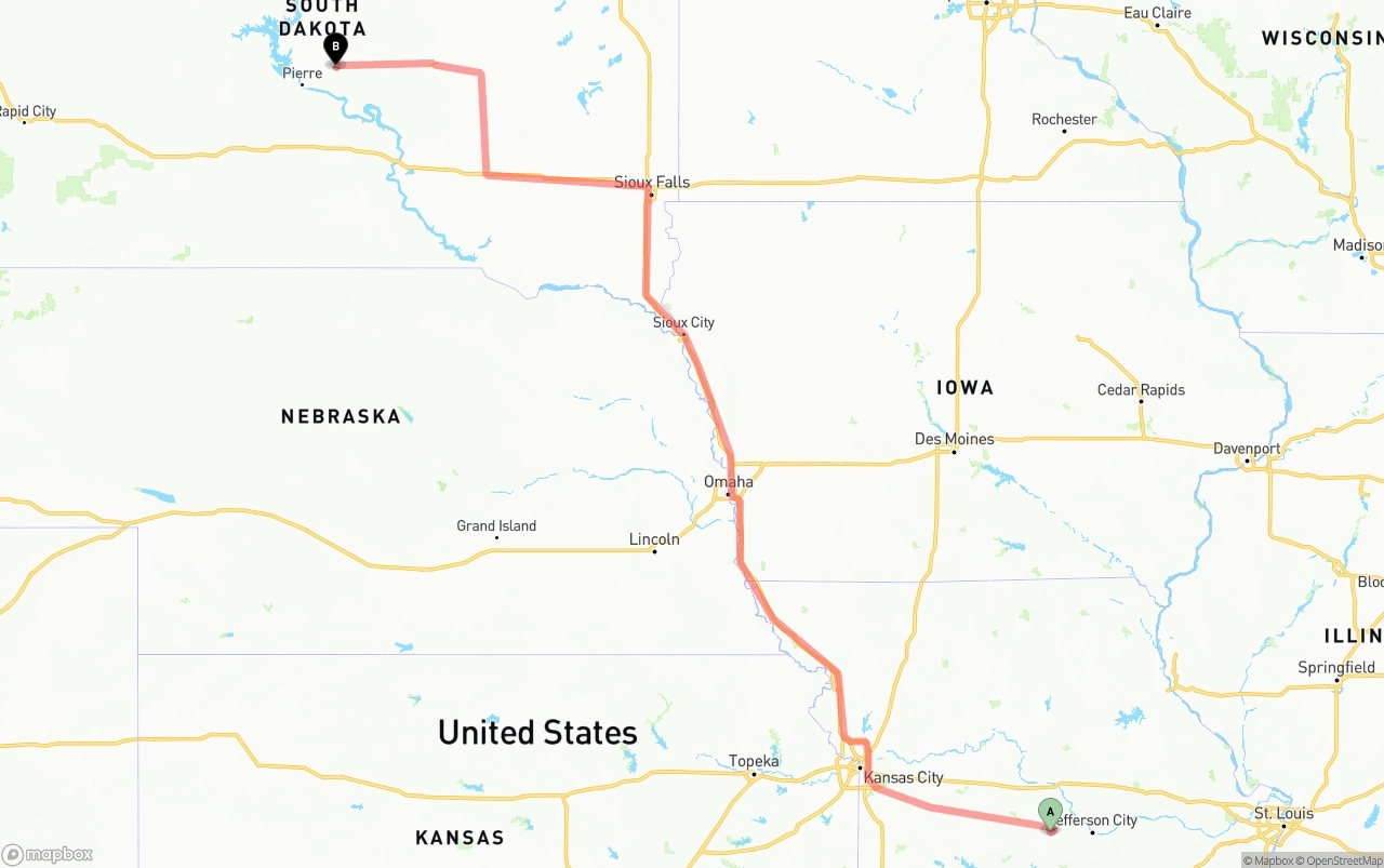 Shipping route from Missouri to South Dakota
