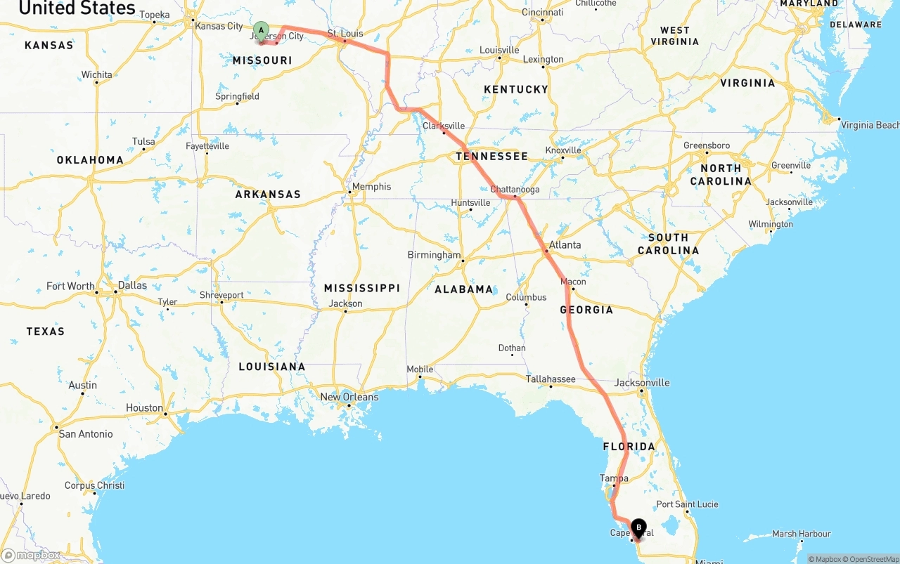 Shipping route from Missouri to Southwest Florida International Airport
