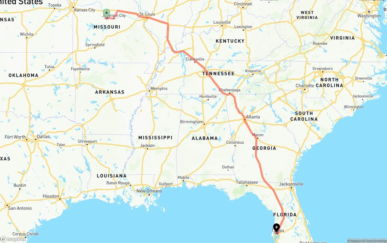 Shipping route from Missouri to Tampa International Airport