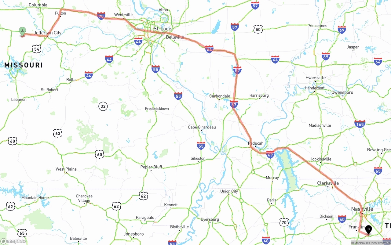Shipping route from Missouri to Tennessee