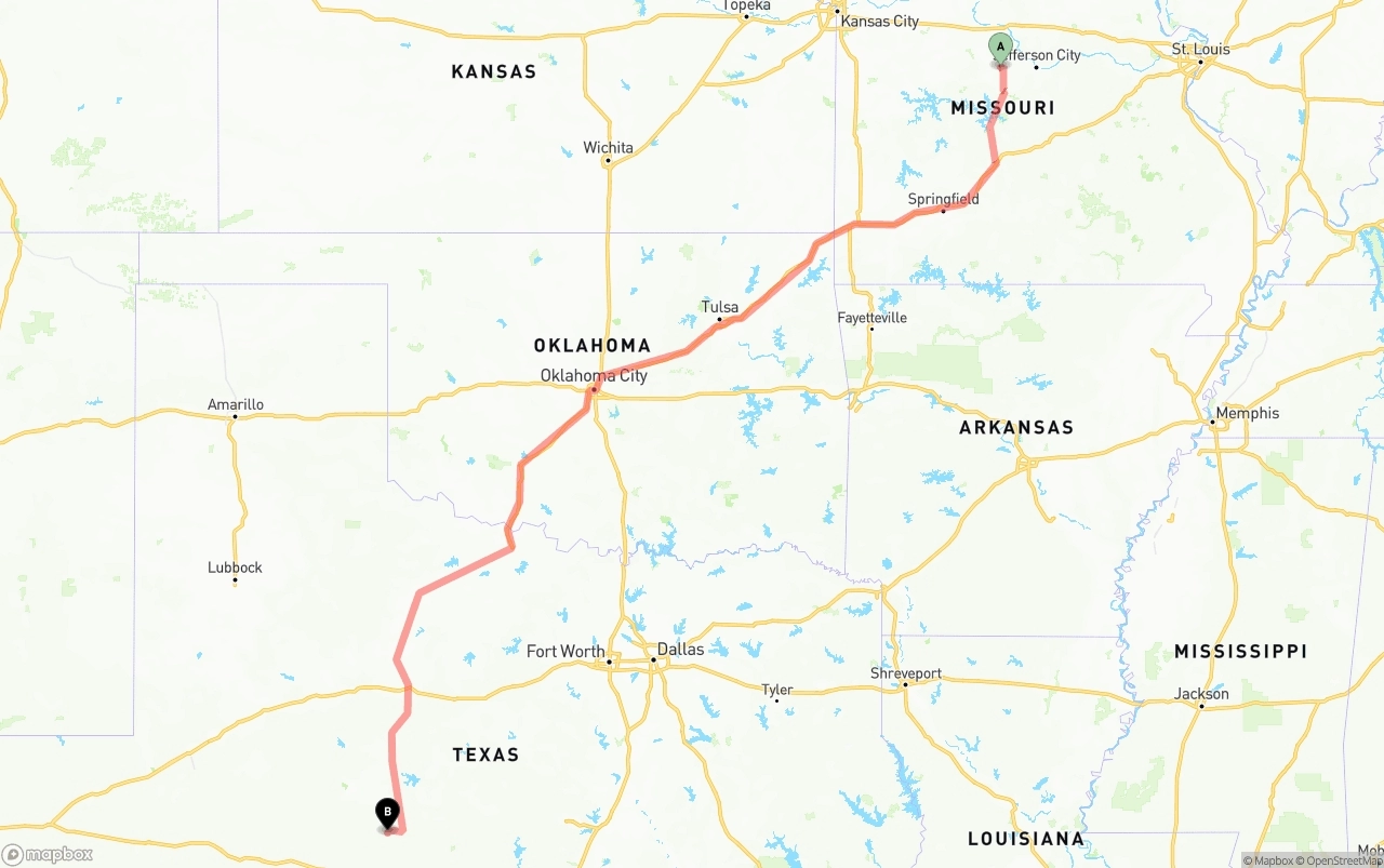 Shipping route from Missouri to Texas