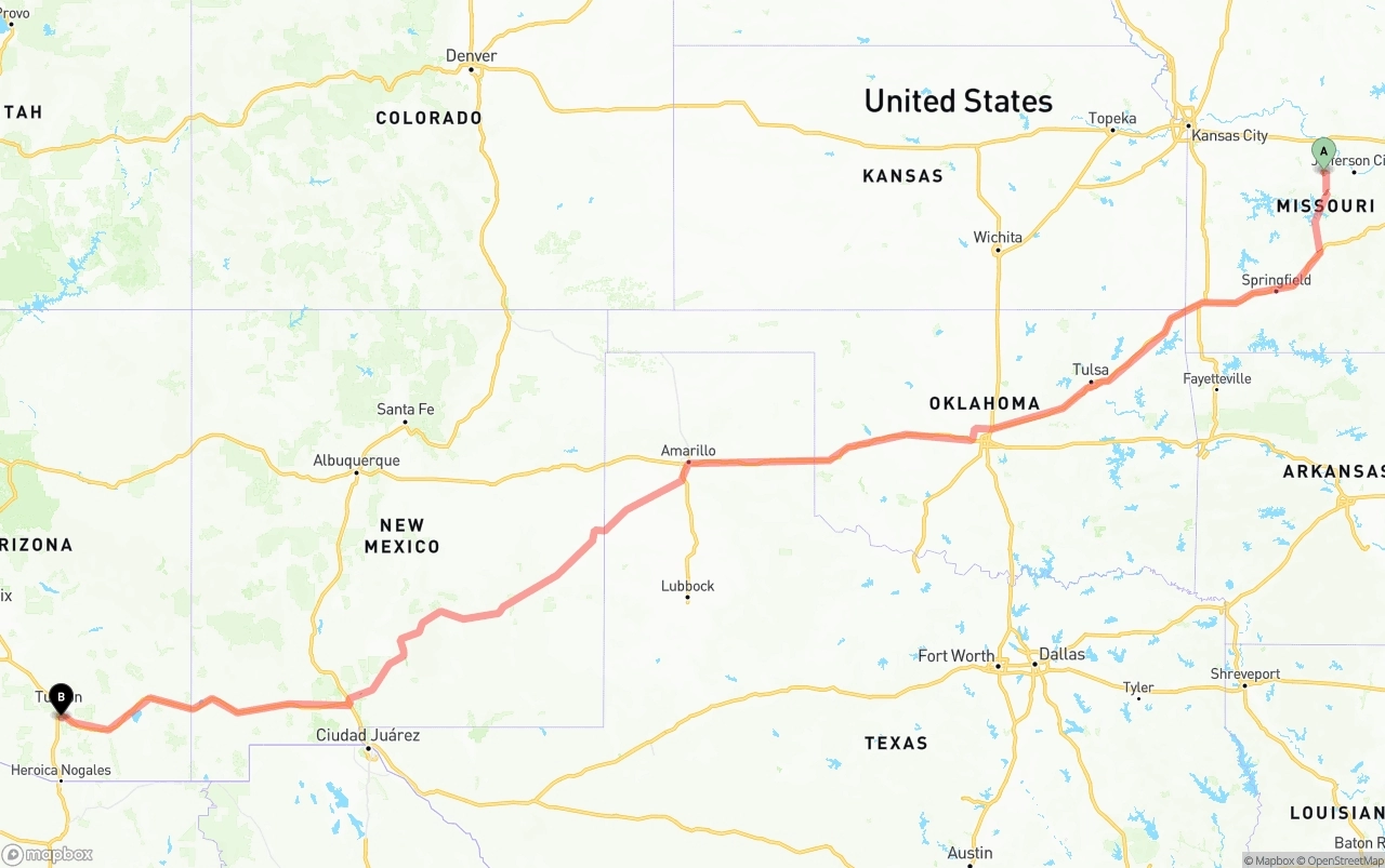 Shipping route from Missouri to Tucson International Airport