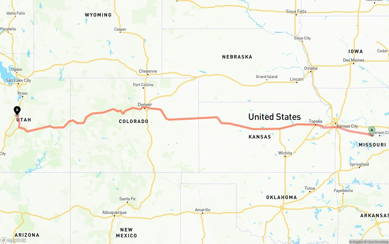 Shipping route from Missouri to Utah