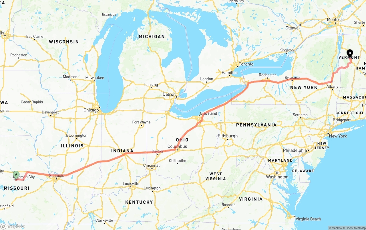 Shipping route from Missouri to Vermont